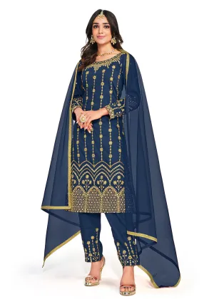 Beautiful Mirror Work Blue Silk Festive Salwar Suit