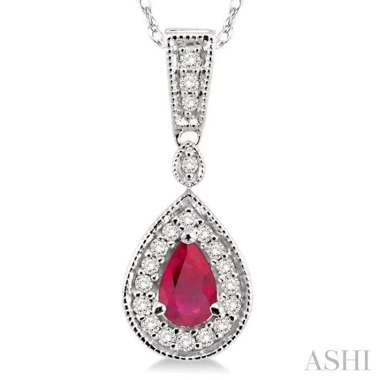 6x4 MM Pear Shape Ruby and 1/6 Ctw Round Cut Diamond Pendant in 14K White Gold with Chain