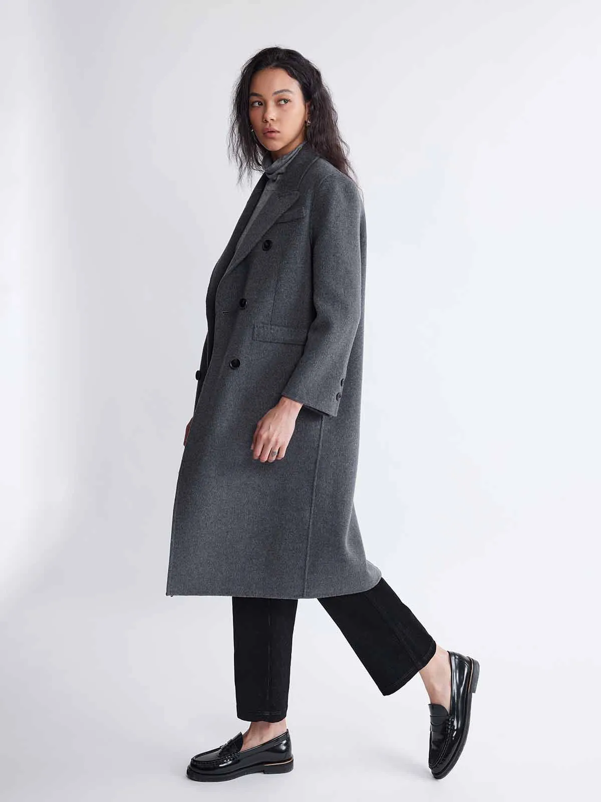 ASOBIO Double-Breasted Cashmere-Wool Blend Long Coat