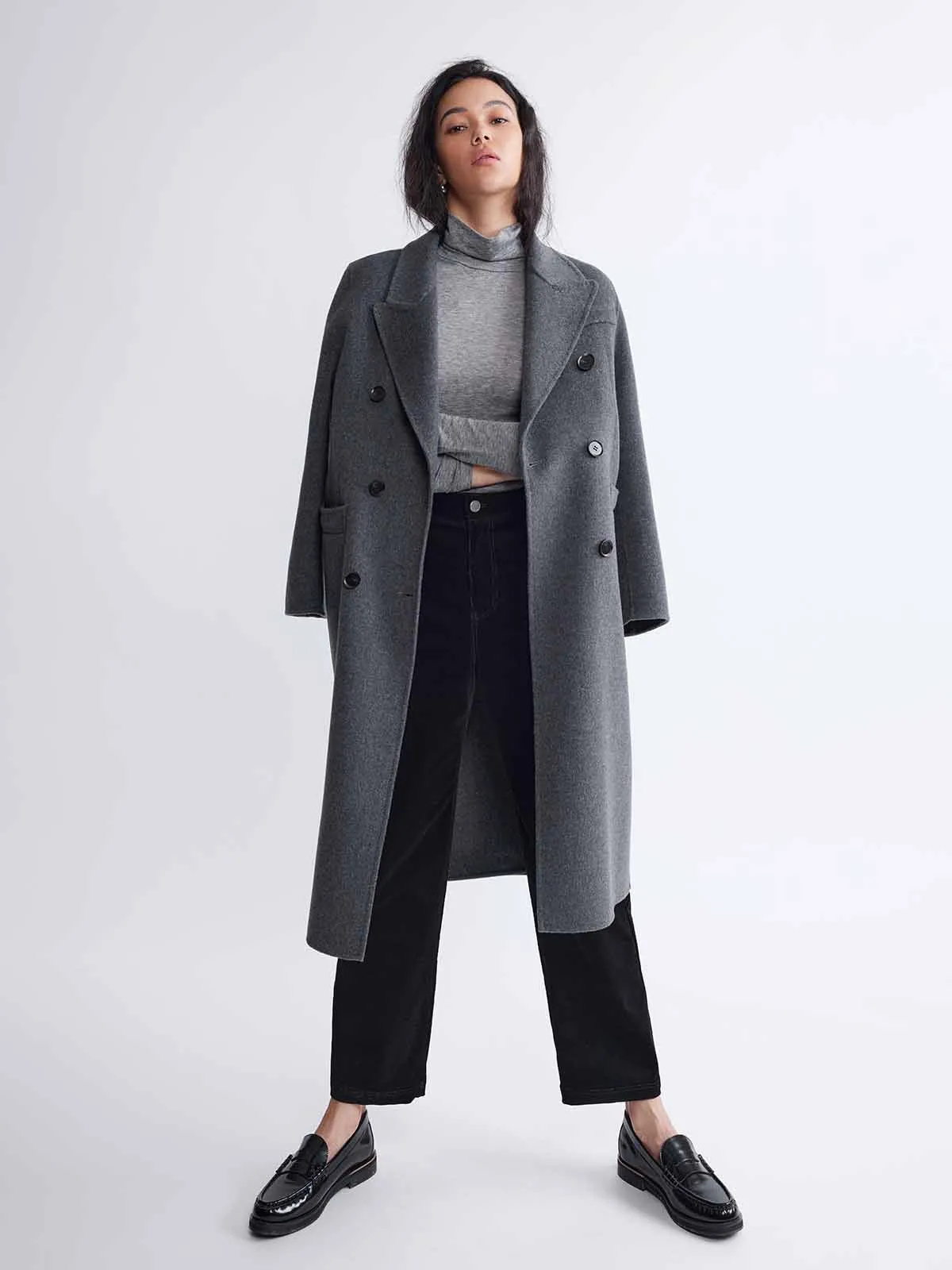 ASOBIO Double-Breasted Cashmere-Wool Blend Long Coat