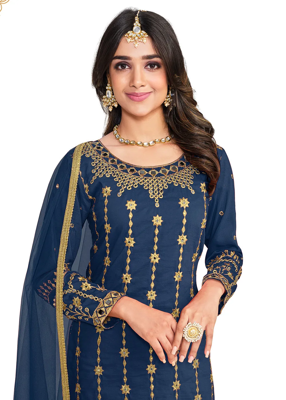 Beautiful Mirror Work Blue Silk Festive Salwar Suit