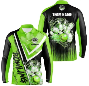 Black And Green Mens Bowling Long Sleeve Polo, Quarter Zip Shirts Custom Team Bowling Jerseys Bowling Outfits