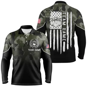 Black Green Camo Mens Long Sleeve Polo Bowling Shirts Custom American Flag Patriotic Bowling Team League Jerseys