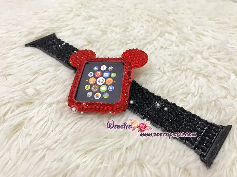 Bling Apple Watch Red Swarovski Crystal Case / Protector / Cover with a White/Black Rhinestone iWatch Band / Strap