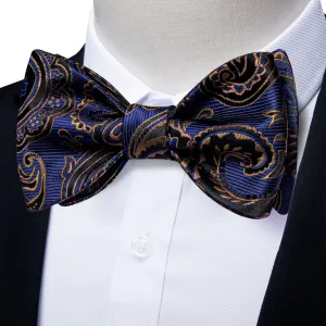 Blue Black Golden Paisley Self-tied Bow Tie Pocket Square Cufflinks Set