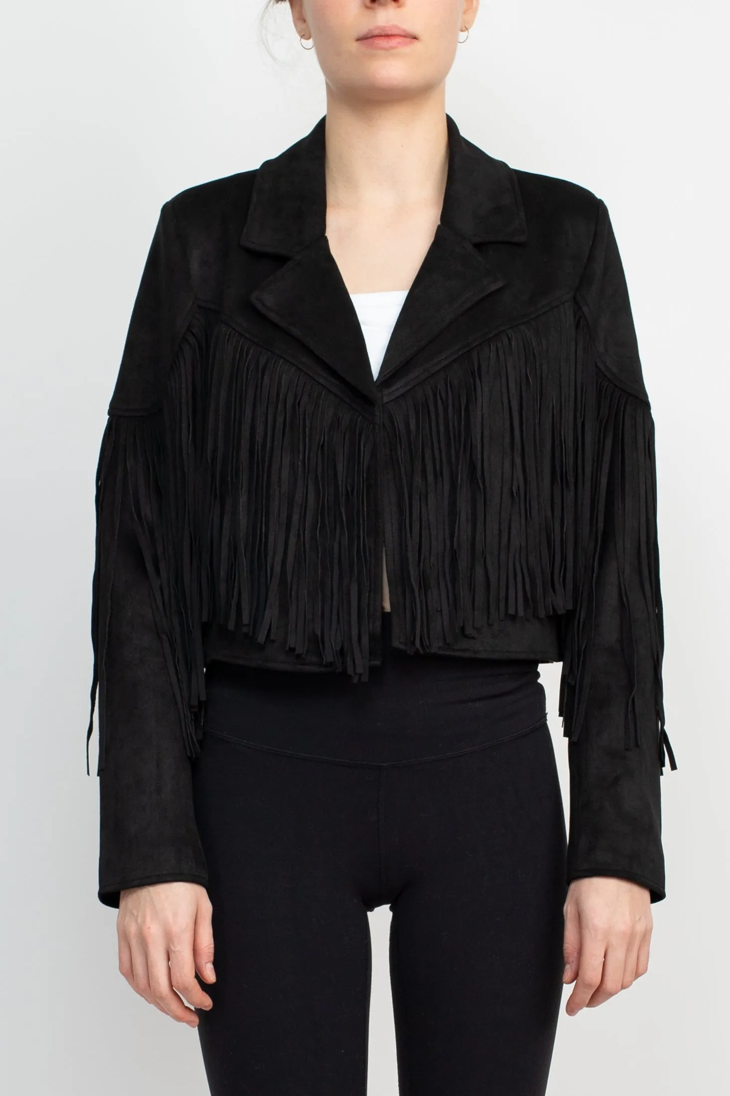 Catherine Malandrino Collared Neck Open Front Fringe Detail Long Sleeve Jacket