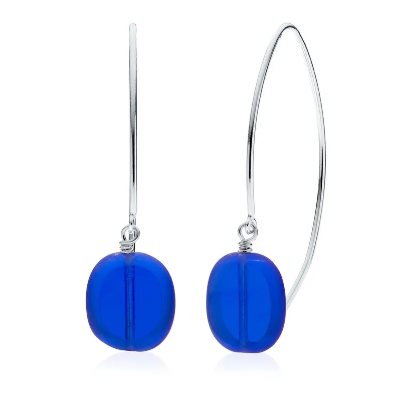 Cobalt Glass Oval Drop Sterling Silver Wishbone Earrings