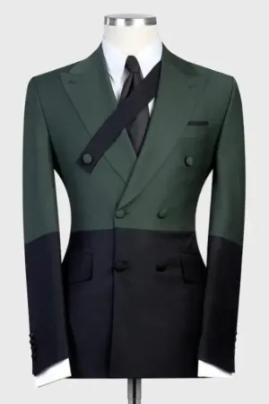 Dark Green Peaked Lapel Double Breasted Bicolor Slim Fit Suit Jackets