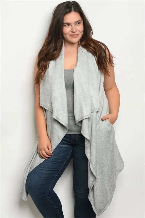 Gray Fleece Lined Plus Size Cardigan Vest