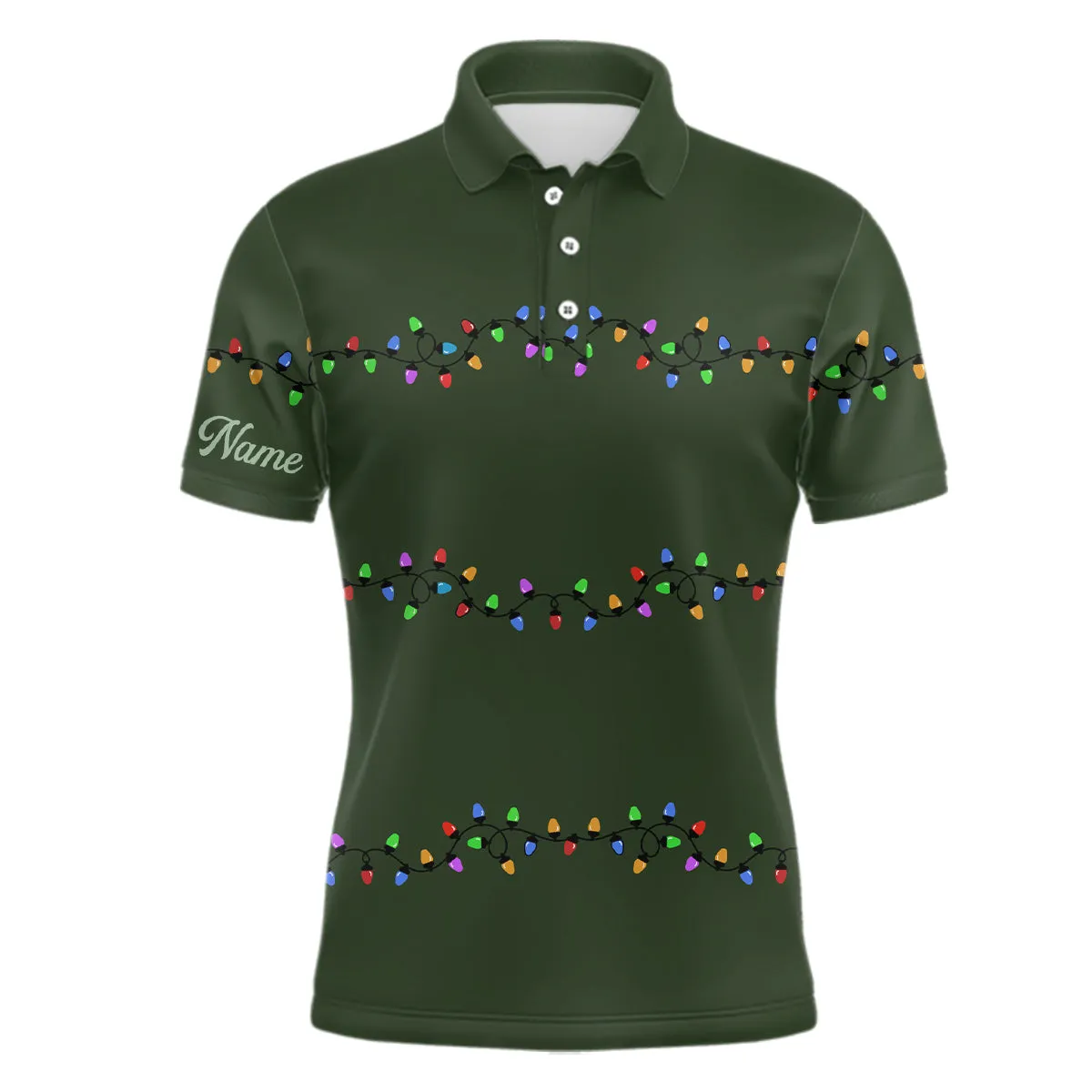 Green Christmas Light Mens Golf Long Sleeve Polo Shirts Custom Mens Christmas Golf Shirt, Xmas Golf Tops For Men