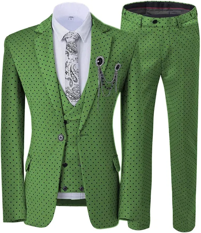 Green Three Pieces Black Dot Slim Fit Prom Suits With Notched Lapel