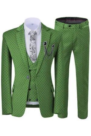 Green Three Pieces Black Dot Slim Fit Prom Suits With Notched Lapel