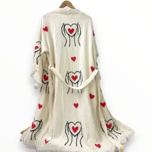 Hand-Made Block Print Love Design Turkish Towel Kimono Robe Kaftan