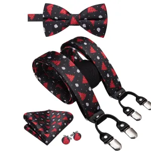 Hi-Tie Black Red Chritsmas Tree Suspender Bowtie Hanky Cufflinks Set