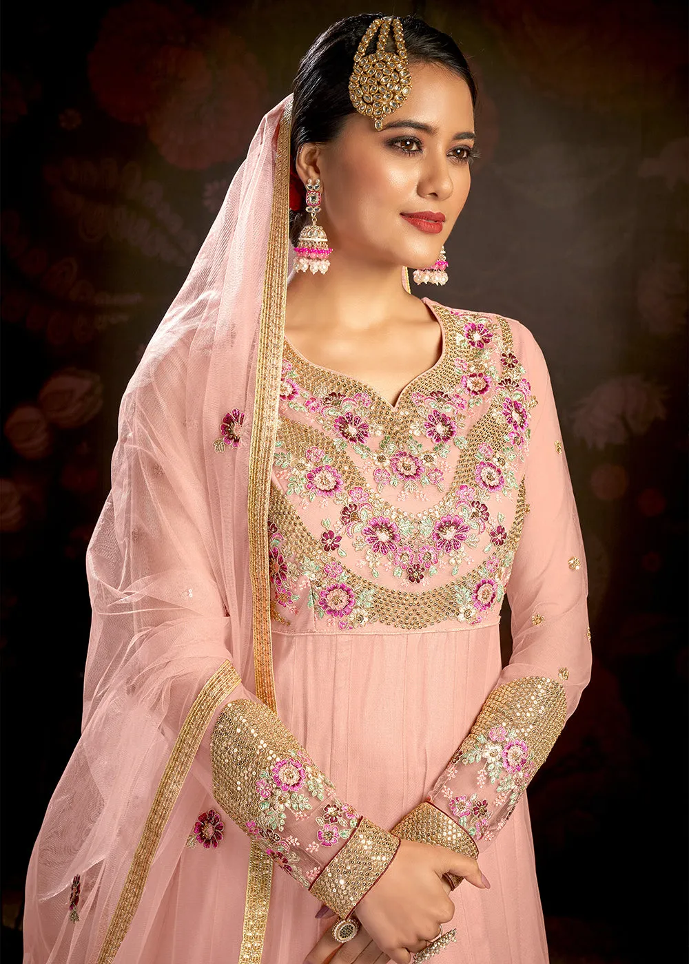 Light Pink Sparkly Net Embroidered Designer Anarkali Suit