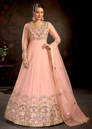 Light Pink Sparkly Net Embroidered Designer Anarkali Suit