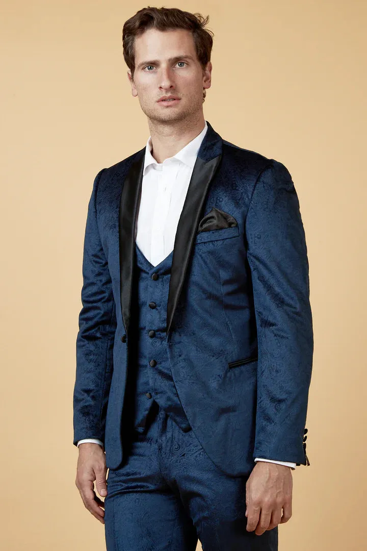 MARC DARCY Simon Velvet Tux Lapel Jacquard Blazer - Slim Fit Tuxedo Jacket - Navy