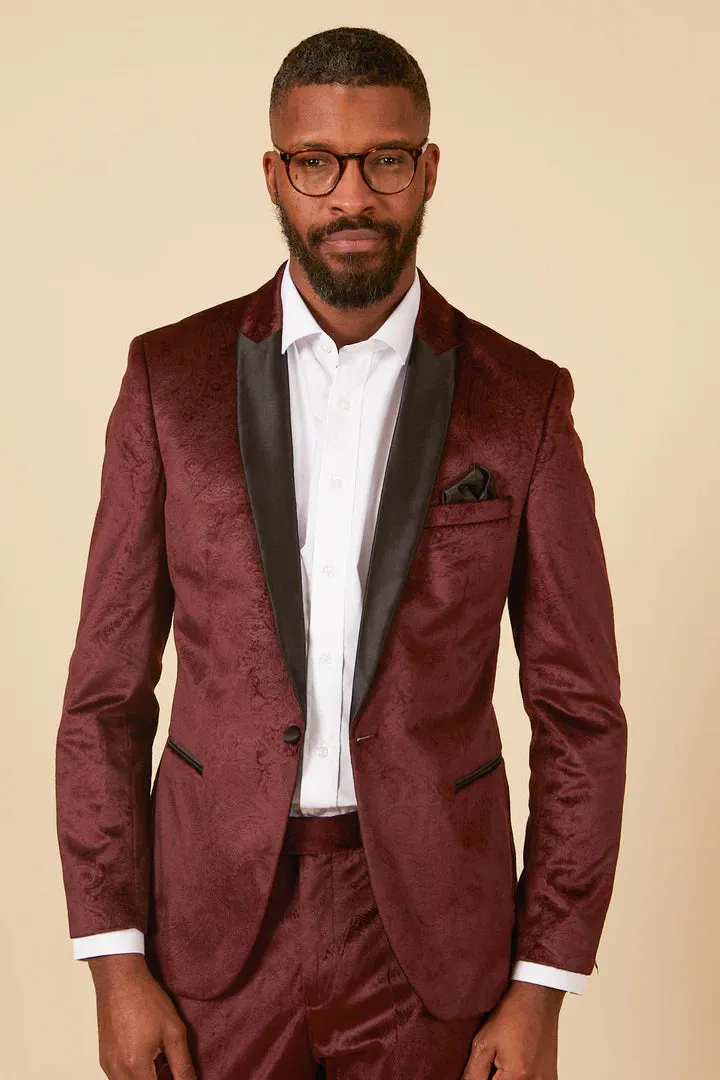 MARC DARCY Simon Velvet Tux Lapel Jacquard Blazer - Slim Fit Tuxedo Jacket - Wine