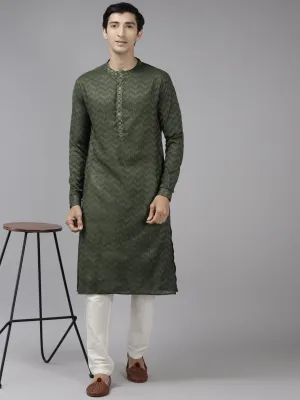 Men Green & Beige Woven Design Thread Work Kurta