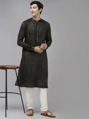 Men Olive & Beige Woven Design Thread Work Kurta With Pyjama