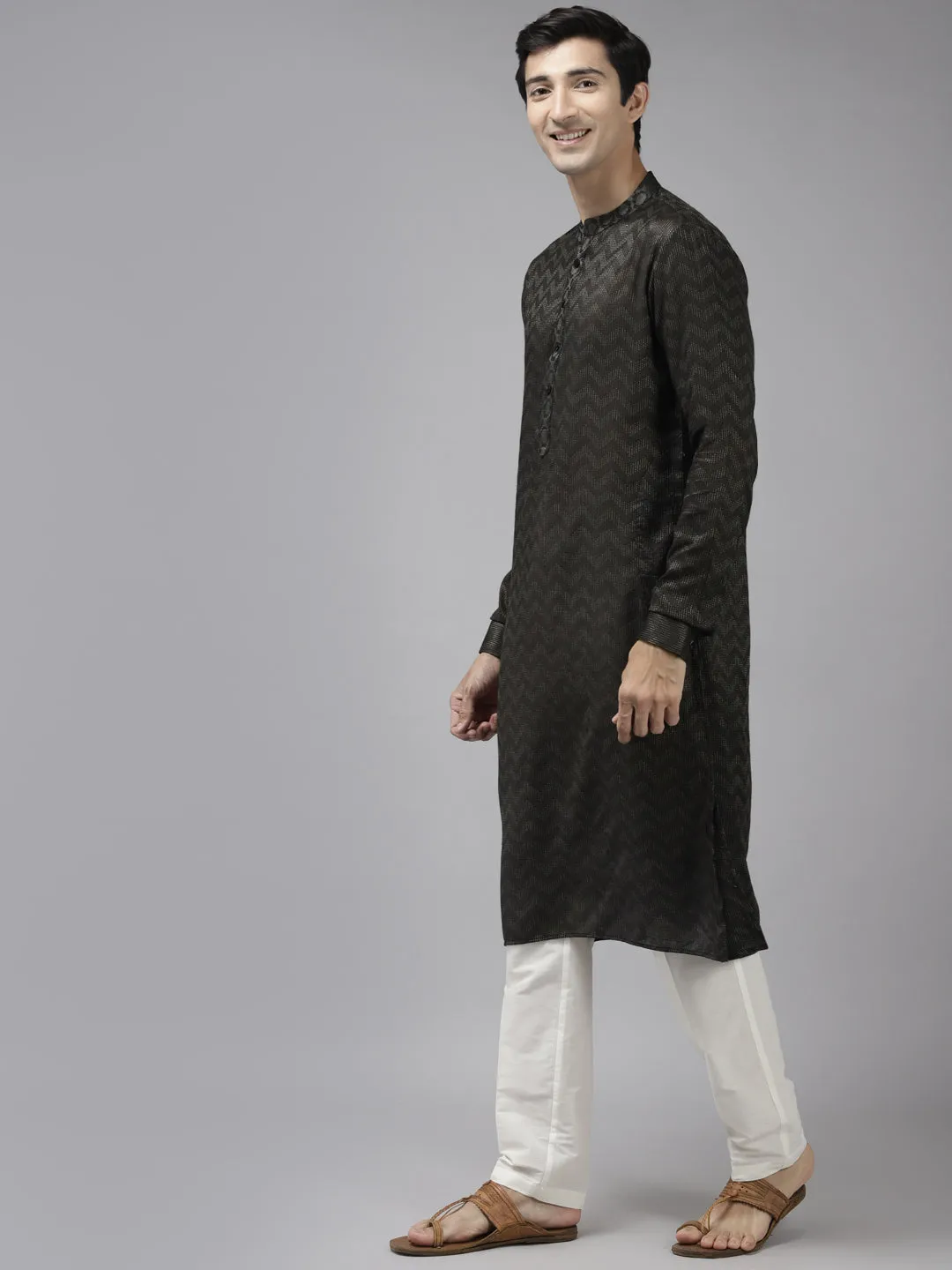 Men Olive & Beige Woven Design Thread Work Kurta With Pyjama