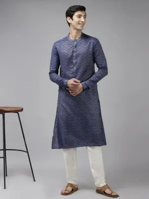 Men Purple & Beige Woven Design Thread Work Kurta