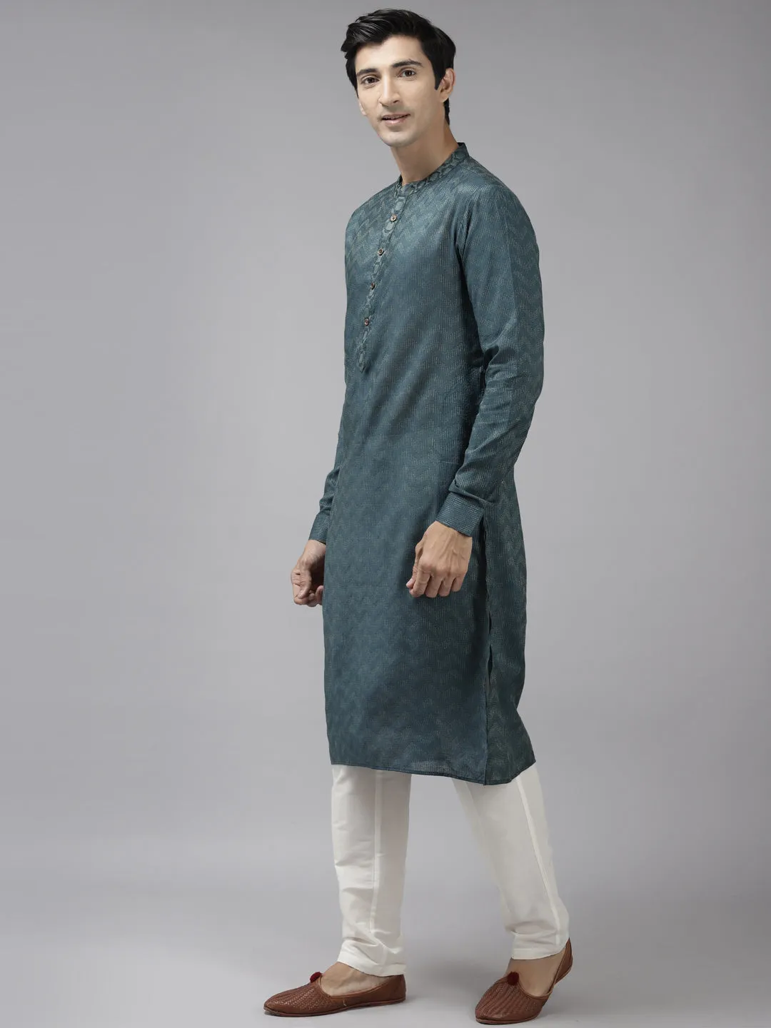 Men Teal & Beige Woven Design Thread Work Kurta