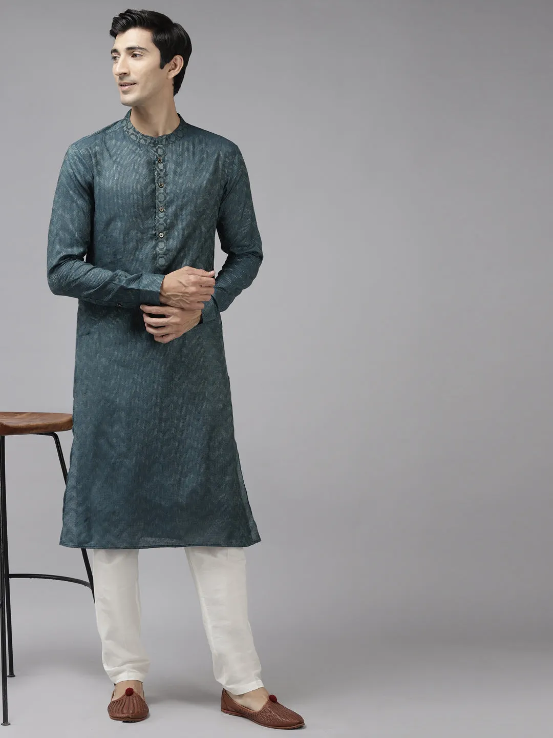 Men Teal & Beige Woven Design Thread Work Kurta