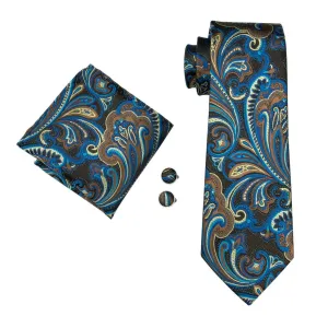 Men's Blue And Brown Paisley 100% Silk Neck Tie With Matching Hanky And Cufflinks Set