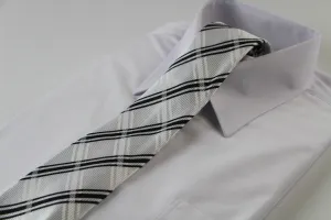 Mens White & Black Plaid Striped Patterned 8cm Neck Tie