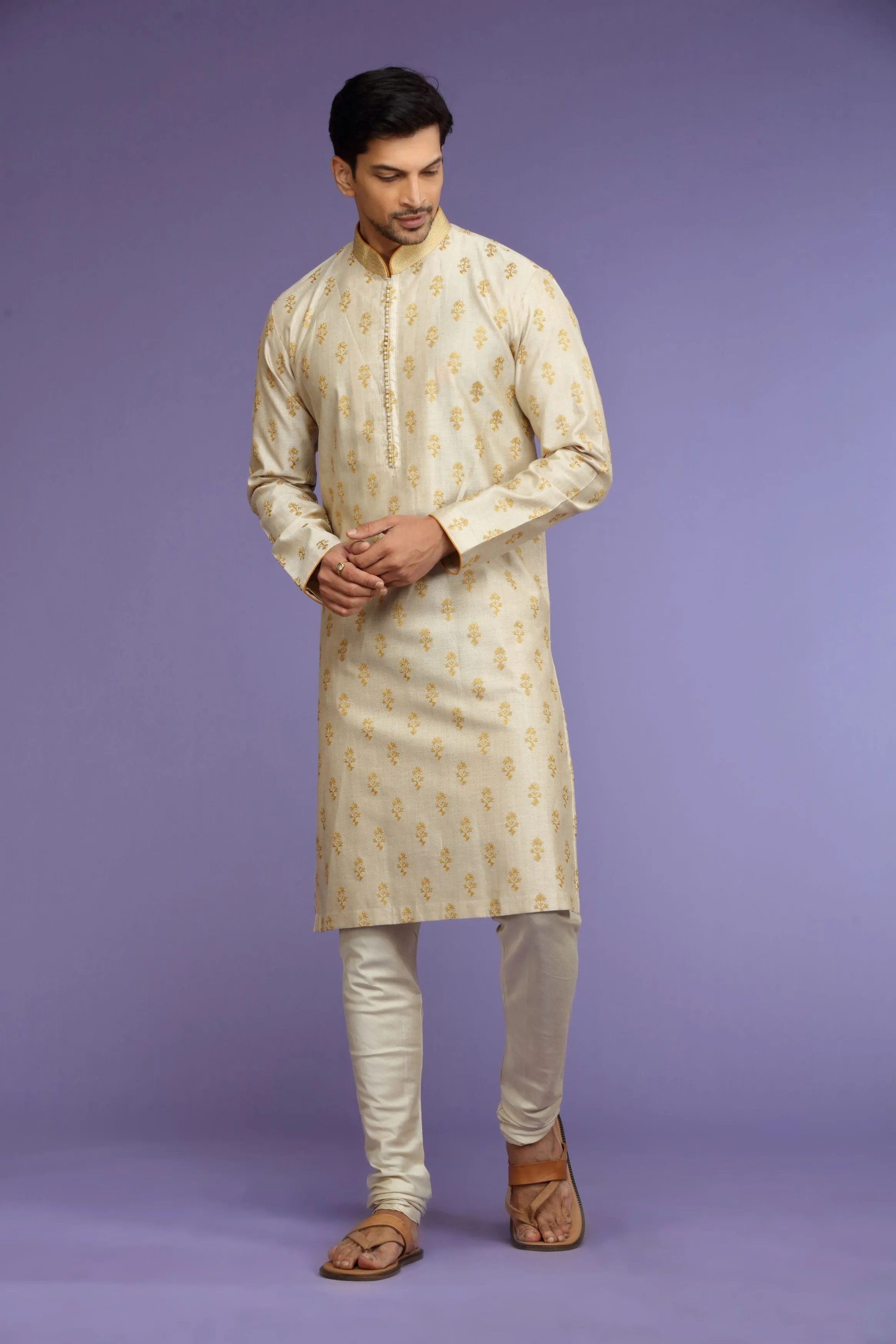 Off-White Printed Silk Kurta Set  Designed by Kora (Nilesh Mitesh)