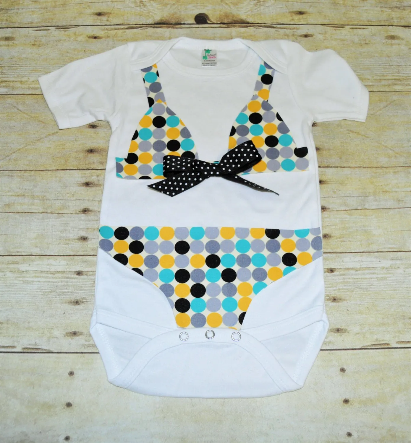 polka dot bikini bodysuit, aqua polka dot bikini bodysuit, bathing suit bodysuit, baby swimsuit, yellow, black, gray, aqua, baby shower gift