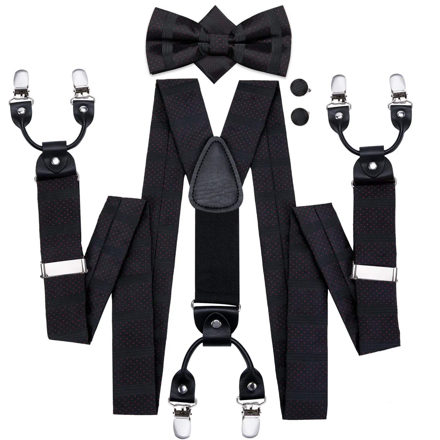 Red Dots Solid Black Suspender Bow Tie Handkerchief Cufflinks Set