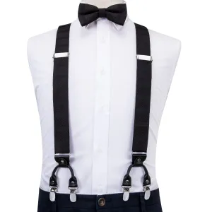 Red Dots Solid Black Suspender Bow Tie Handkerchief Cufflinks Set