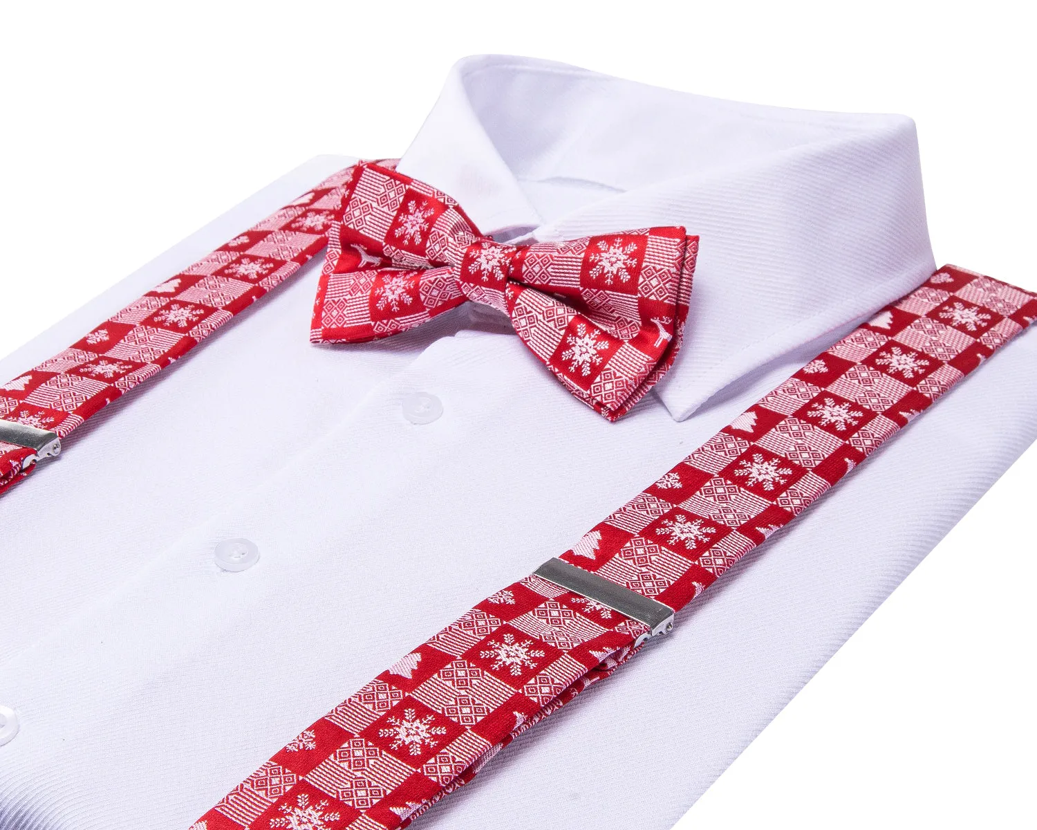 Red White Novelty Suspender Bowtie Hanky Cufflinks Set Christmas