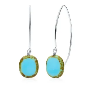 Sky Blue Glass Oval Drop Sterling Silver Wishbone Earrings