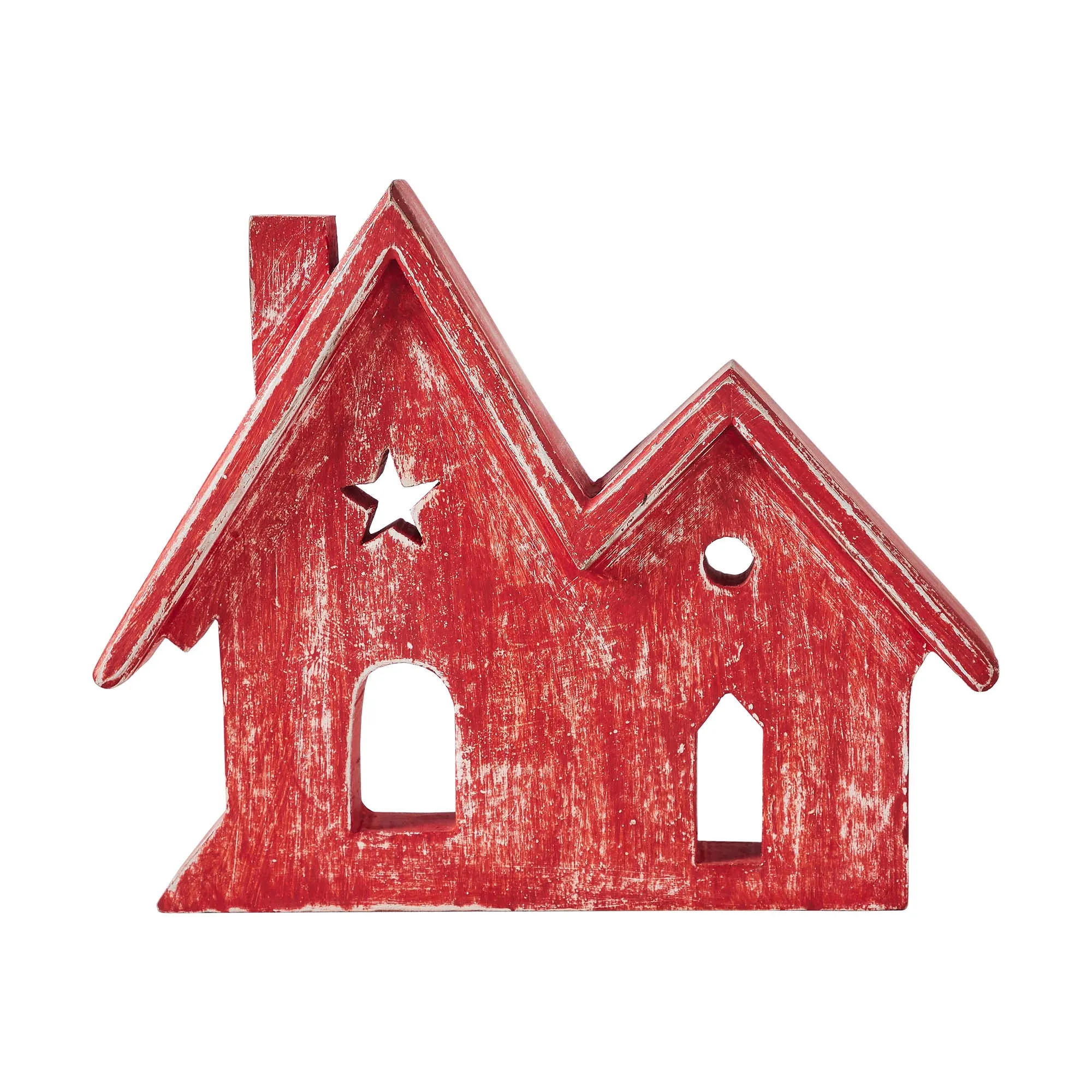 Village Twin House Red w/ Star Wooden Figurine 9.5x7.5x1.5