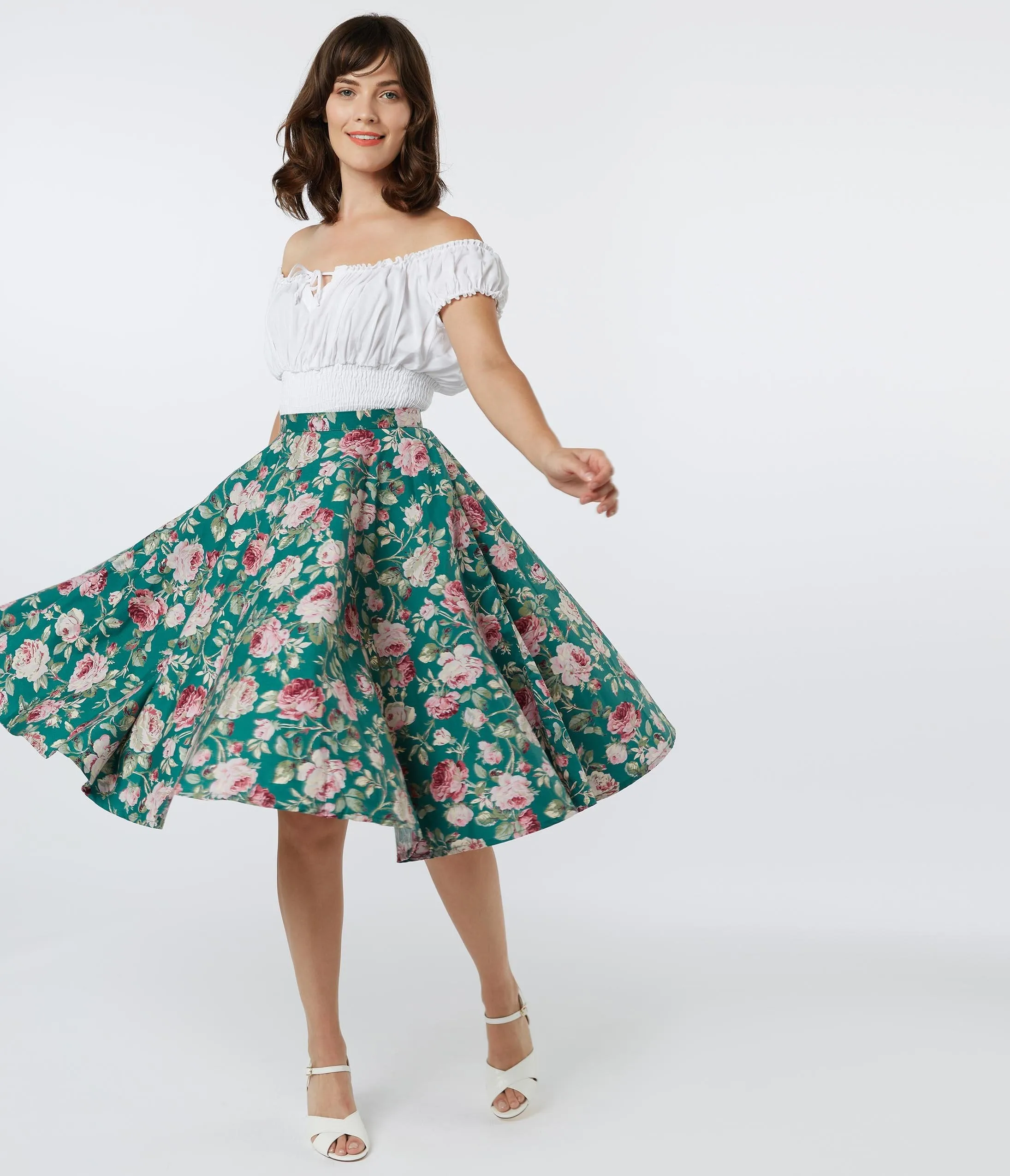 Vintage Style Green & Pink Floral Print Swing Skirt