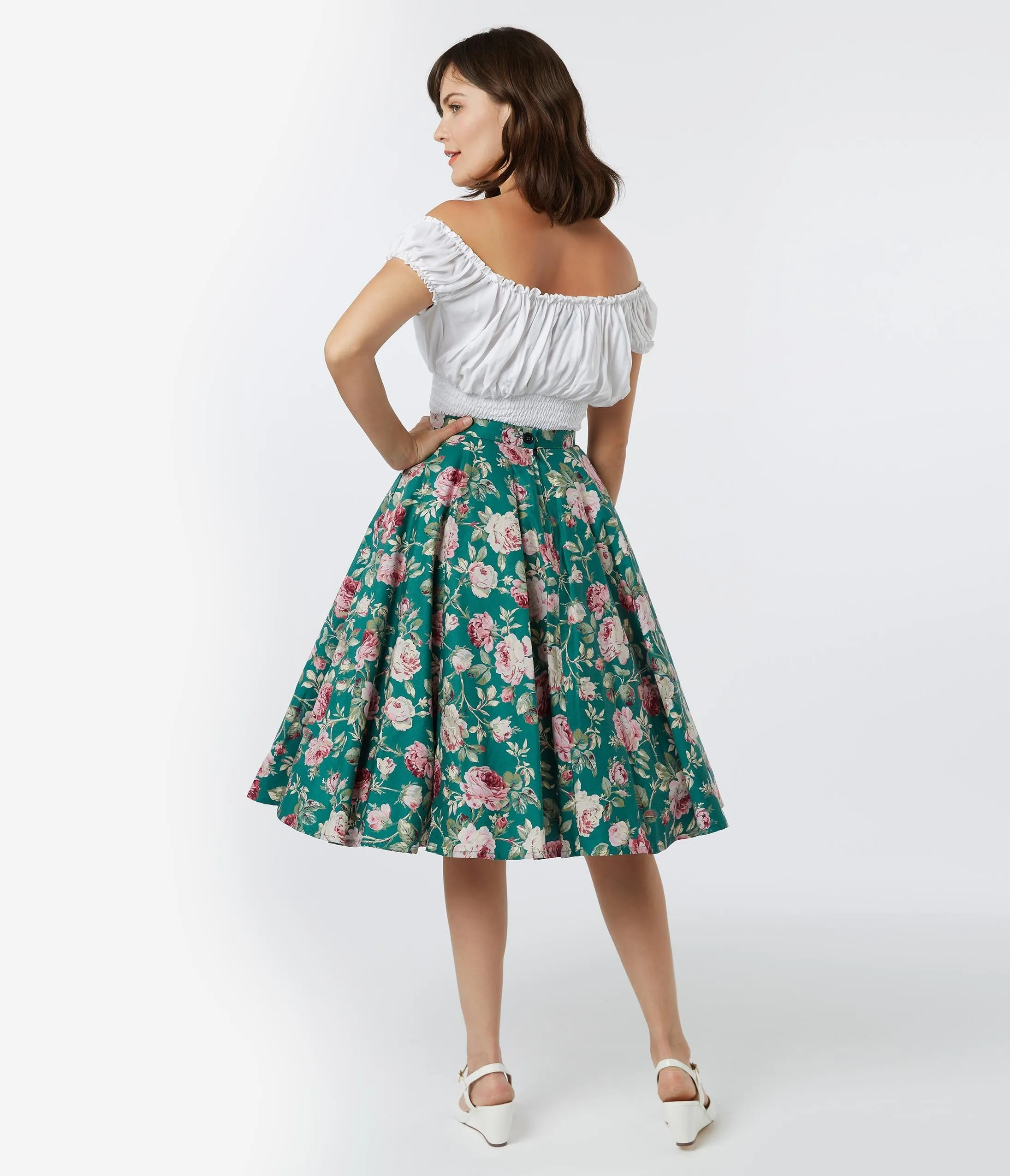 Vintage Style Green & Pink Floral Print Swing Skirt