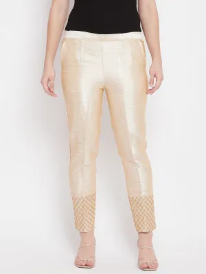 Women Light Fawn Hem Design Silk Trouser