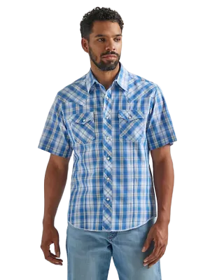 Wrangler Men's Fashion Short Sleeve Western Snap Plaid Blue Shirt