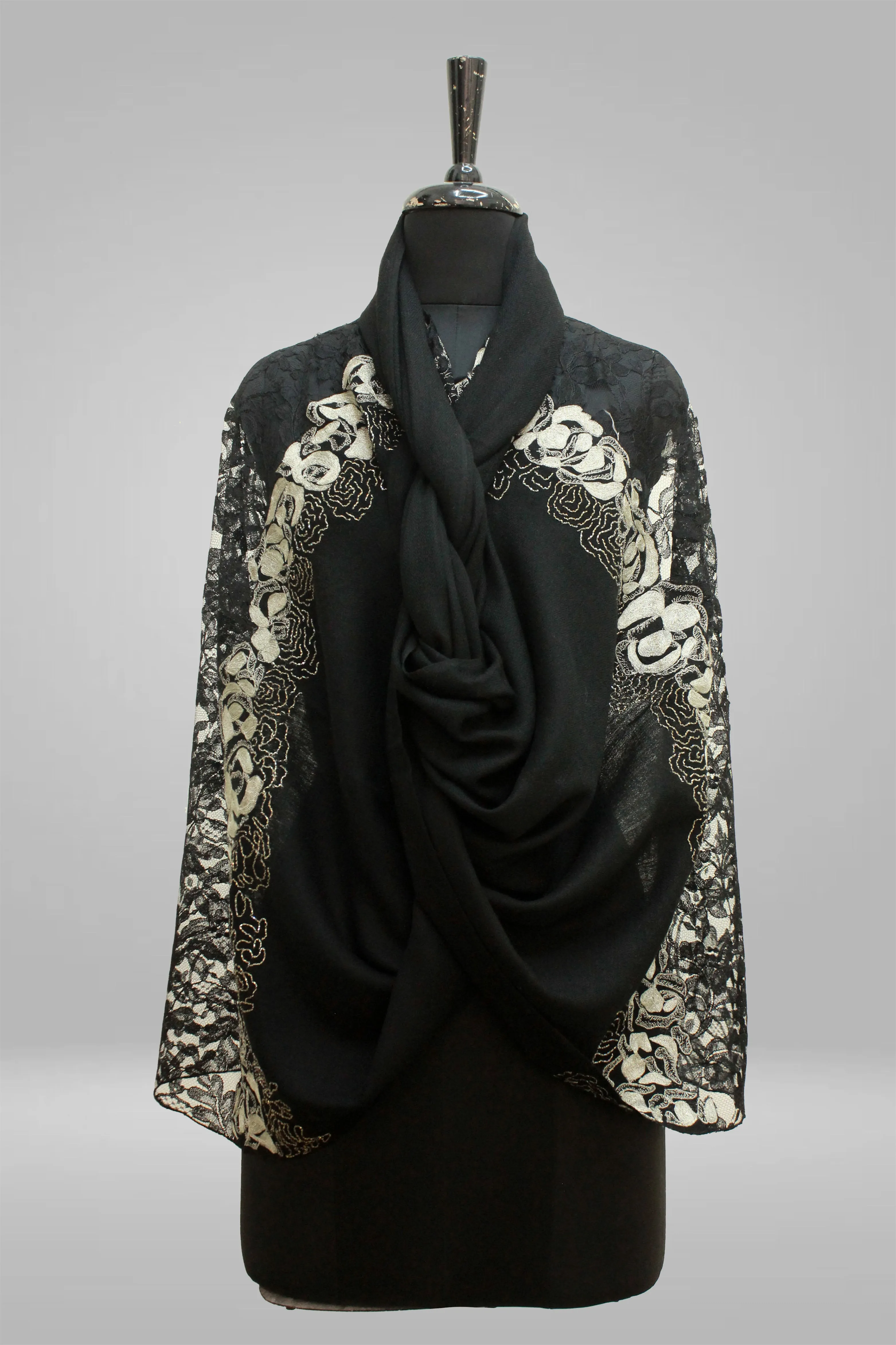 Zari Peony Border Lace | Embroidered Pure Cashmere Stole